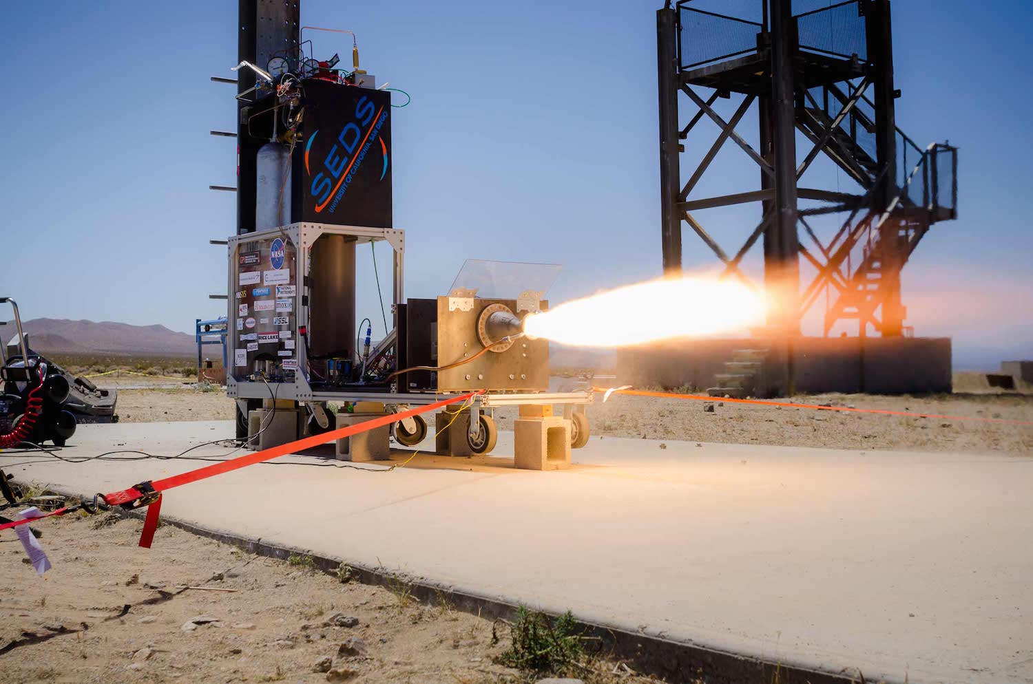Test firing of a 3D printed rocket engine designed by undergraduates at the University of California San Diego. Credit: Erik Jepsen/UC San Diego Publications