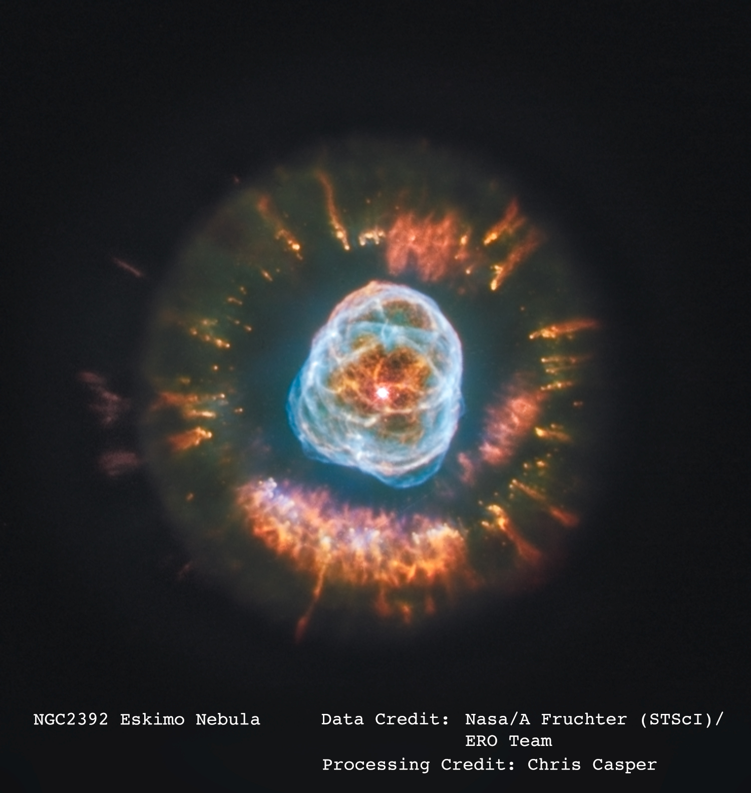 I processed this image of the Eskimo Nebula using files from the Hubble Space Telescope's public archive.