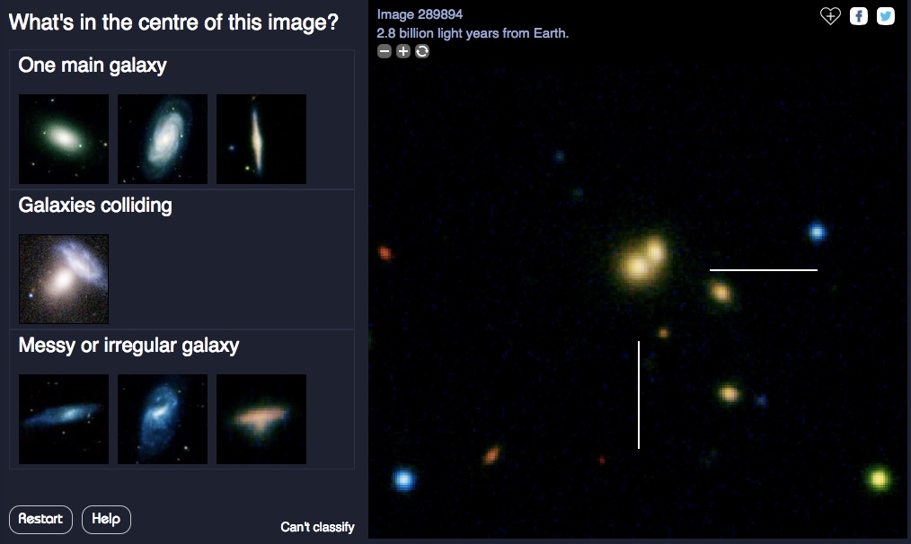 Could this be two galaxies colliding 2.8 billion years ago? I thought so, but even if I'm wrong classifications by other citizen scientists will produce the right answer. Source: Galaxy Explorer