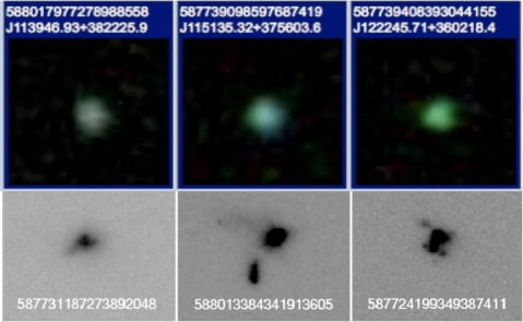 The fuzzy green dots in the top row are "green pea" galaxies discovered by the citizen scientists at Galaxy Zoo in images from the Sloan Digital Sky Survey. The same galaxies appear in greyscale images from the Hubble Space Telescope. Credit: Galaxy Zoo / Sloan Digital Sky Survey / Nasa / Esa / STScI