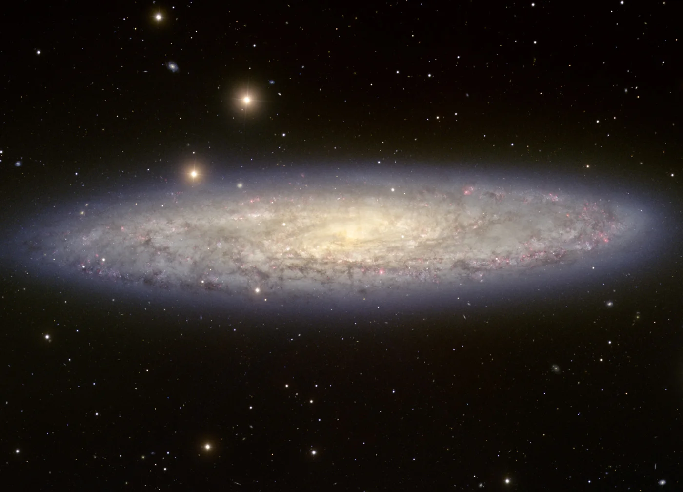 NGC 253, also called the Sculptor Galaxy has a dwarf galaxy companion first spotted in an amateur astronomer's photo contest entry. This image, though, was made with the National Optical Astronomical Observatory's 4-meter telescope in Chile. Credit: T.A. Rector/University of Alaska Anchorage, T. Abbott and NOAO/Aura/NSF