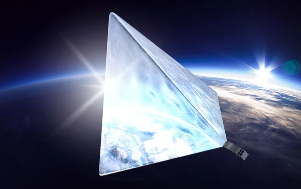 Russian professionals, students, and makers developed the Mayak satellite with the support of Russian crowdfunding. When the Mayak cubesat (the grey box at the lower right) reaches its 600-kilometer orbit, it will deploy a tetrahedral reflector. Sunlight bouncing off Mayak's shiny surface will make it brighter than any star in the night sky. Credit: Mayak Project