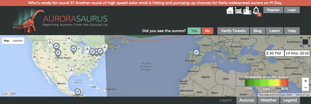 Aurorasaurus collects public reports of the northern and southern lights directly and by scanning social media. The data helps refine aurora forecasts. Credit: Aurorasaurus.org
