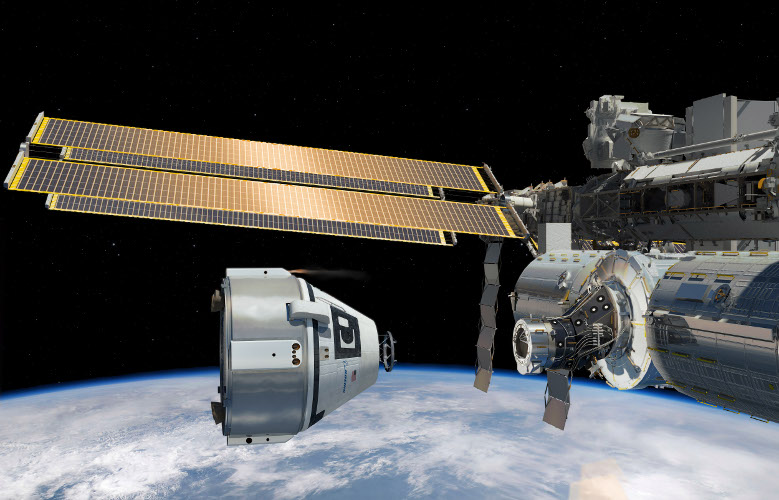 Boeing's artistic rendering depicts the CST-100 Starliner capsule approaching the International Space Station. Nasa has awarded the company two contracts to carry astronauts to the space station. Credit: Boeing