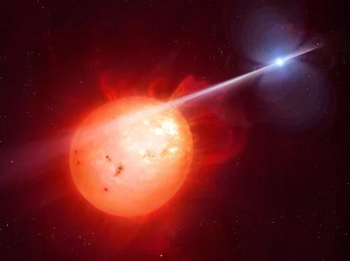 An artist's rendering of AR Scorpii. Amateur astronomers noticed the binary star system's unusual behavior caused when the white dwarf bathes its red dwarf companion with a beam of electrons. Credit: Warwick University