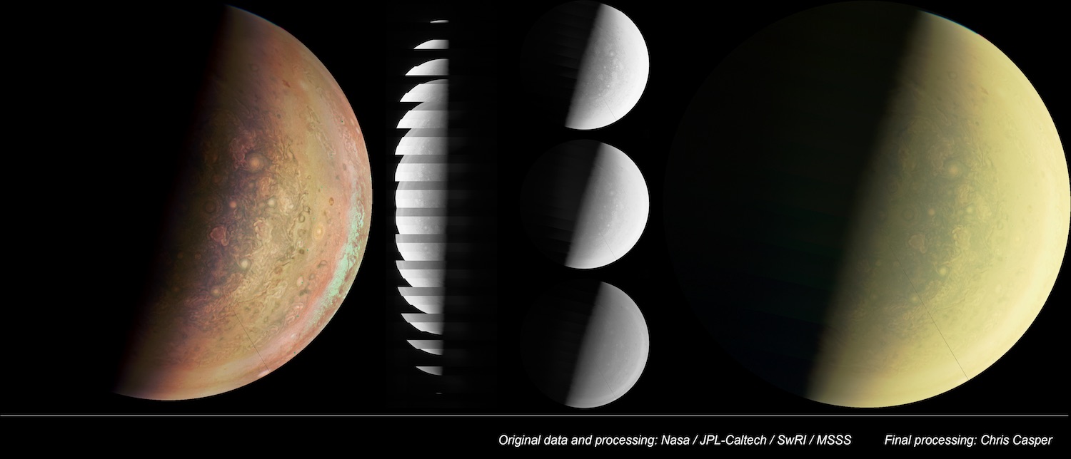 My image (far left) is based on a series of processing steps from the Junocam team. The raw data downloaded from Juno is a stack of image stripes. The stripes must be converted into images for each of the red, green, and blue filters. These get combined into a final color image (far right) which has a yellowish cast to it.