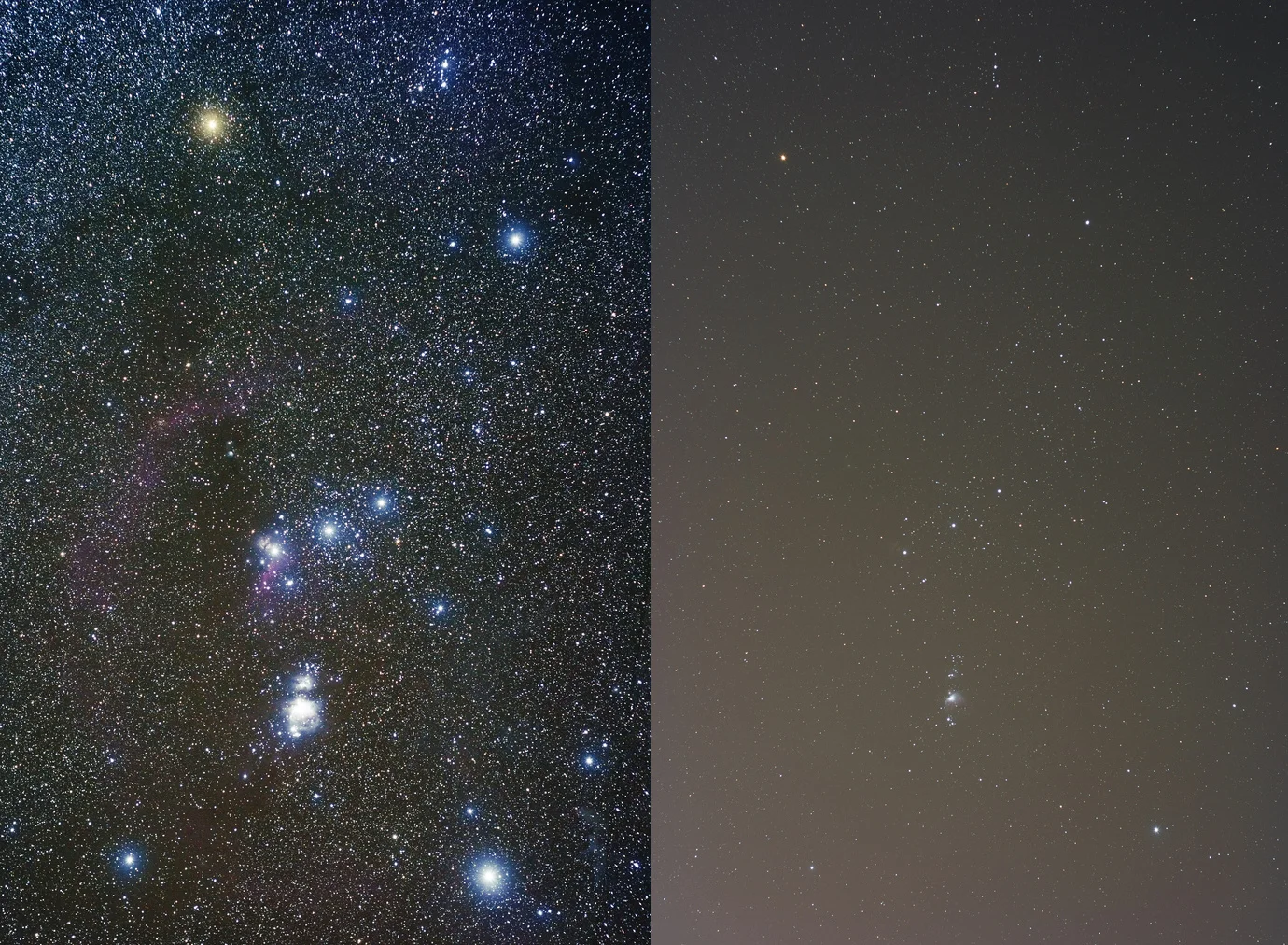 Amateur astronomers have to travel to rural areas to create images like the one on the left because urban light pollution washes out all but the brightest stars. Credit: Jeremy Stanley CC-BY-4.0 via WikiCommons