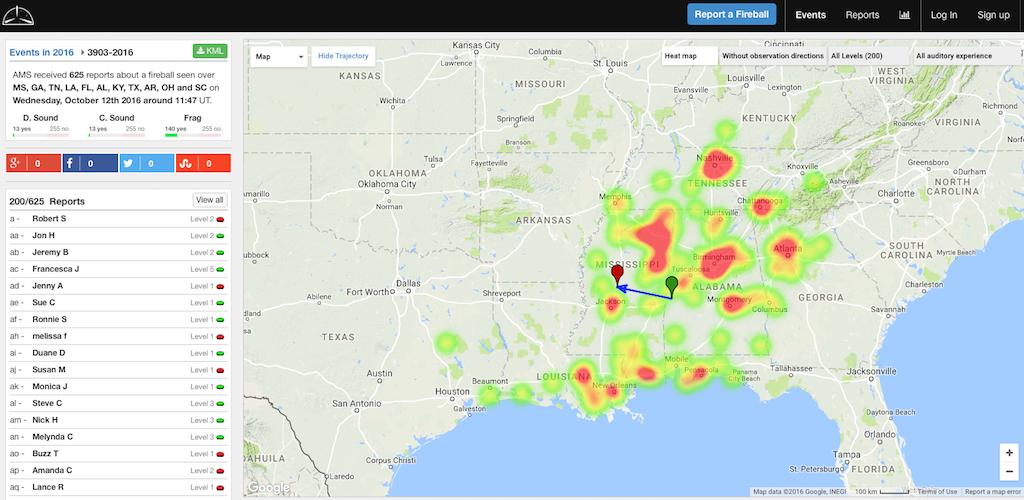 The American Meteor Society generated this heat map from hundreds of crowdsourced reports when a meteor fireball streaked across the morning skies of the southern United States. Credit: American Meteor Society