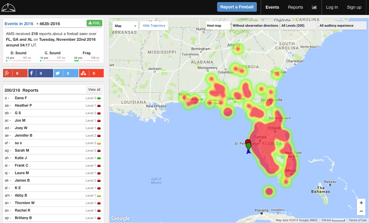 More than two hundred people across the southeastern United States helped track a fireball off the Florida coast. Credit: American Meteor Society