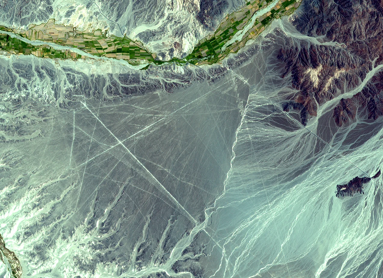 The Nasca civilization created geometric shapes that can only be seen from the air... or space. GlobalXplorer will let you search for signs of ancient Peruvian civilizations in images from orbit. Credit: Nasa / GSFC / MITI / ERSDAC / Jaros, and US/Japan Aster Science Team