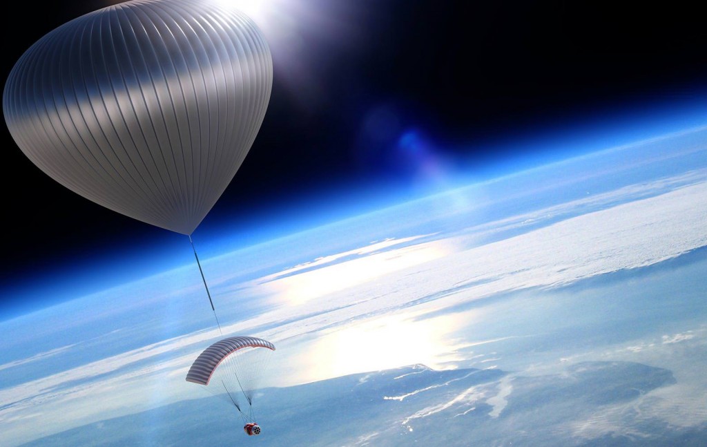 World View plans to carry half a dozen tourists into the stratosphere. They will ride in a pressurized capsule suspended from a parachute suspended from a giant balloon. After a few hours floating at the edge of space... the balloon pops. Eventually the atmosphere gets thick enough for the parachutes to work and the tourists land safely. Credit: World View