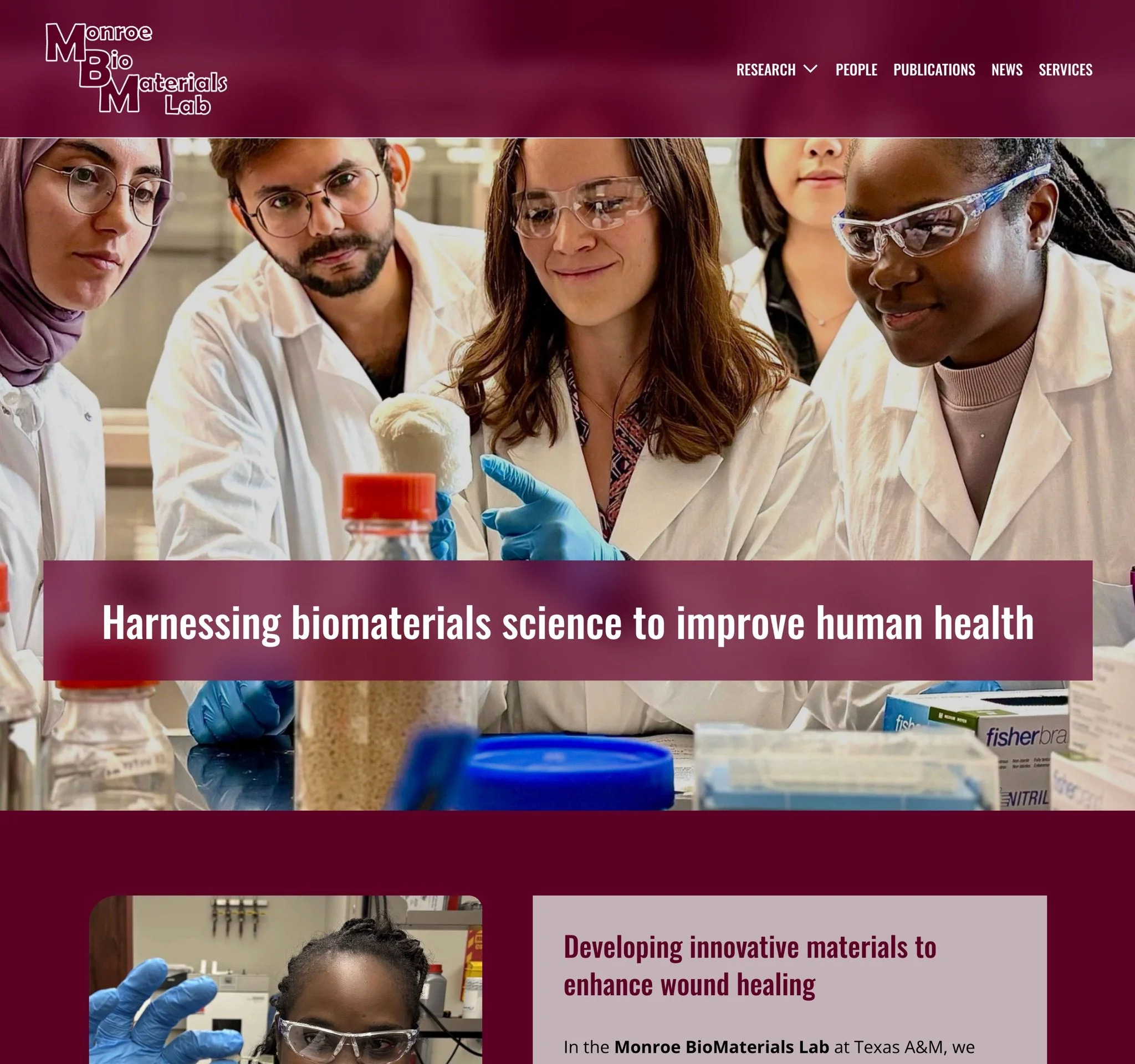 Monroe Biomaterials Lab, website homepage image