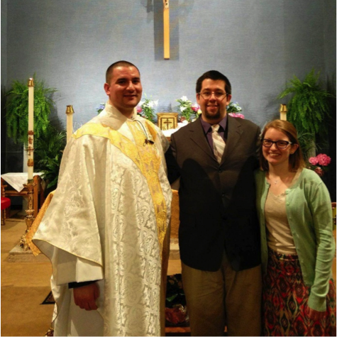 jeremy adams (center) with father john paul heiser and danielle fegan