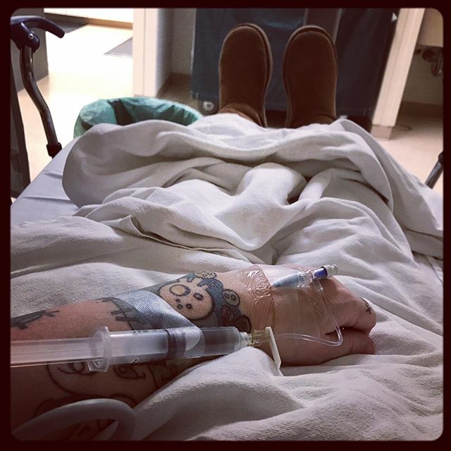.back for Round 2 of lumbar spine injections - soon I’ll be sprung for a day of cuddling under the blankets & knitting myself a new cap for my new coat. #facetblock #uctd #spineinjections #chronicpainwarrior