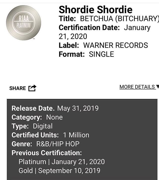 💯it&rsquo;s official &ldquo;Bitchuary&rdquo; is RIAA certified Platinum! Mixed n mastered @abovegroundstudios 🥶
...... ...... ....... .......
Ayyye @shordieshordie @wrab @ygbeats new plaques onna way ✈️ 📈🤞