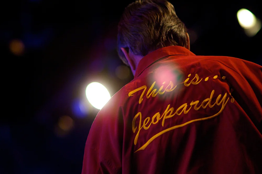 Veteran show announcer Johnny Gilbert, backstage on the JEOPARDY! set, Los Angeles CA.