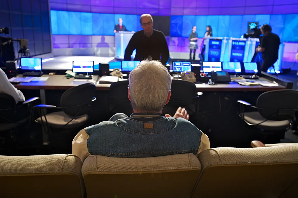 JEOPARDY! host Alex Trebek watches a rehearsal, IBM Research Yorktown Heights, NY.