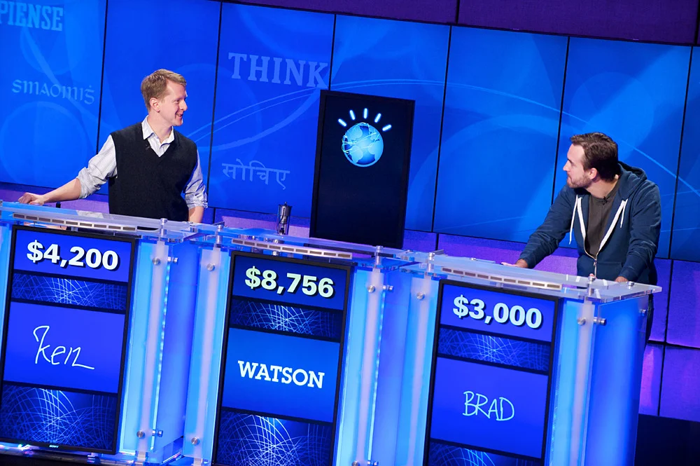 Ken Jennings (left), with IBM WATSON and Brad Rutter in rehearsal, IBM Research Yorktown Heights, NY.