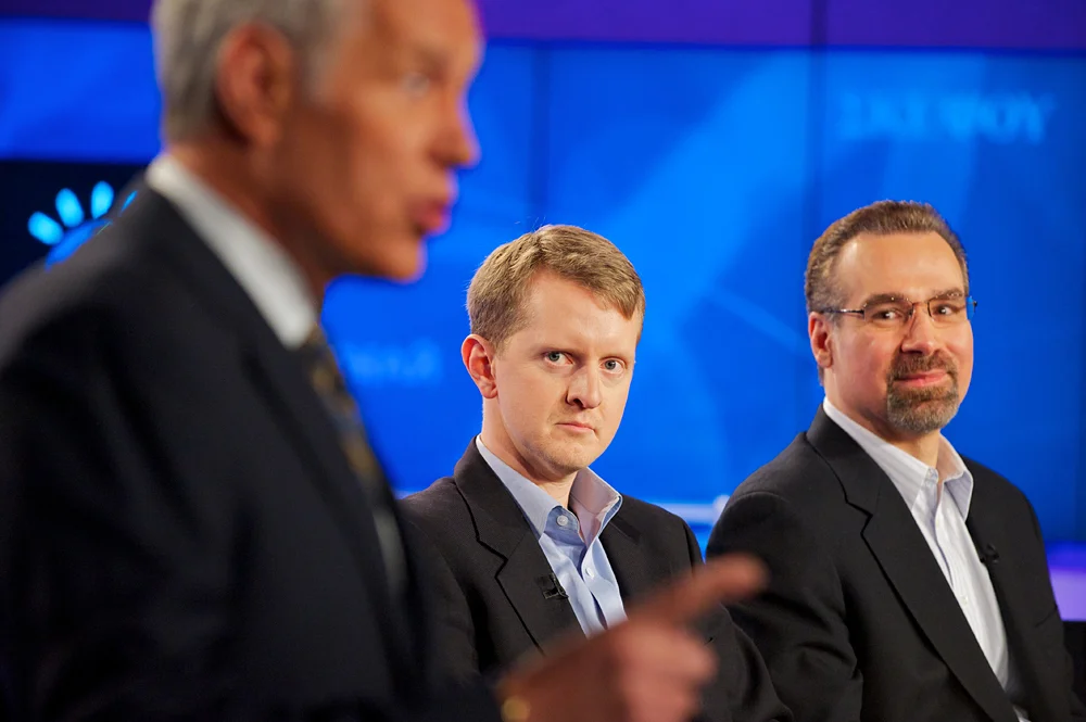 Ken Jennings (center) with Dr. David Ferrucci and Alex Trebek, IBM Research Yorktown Heights, NY.