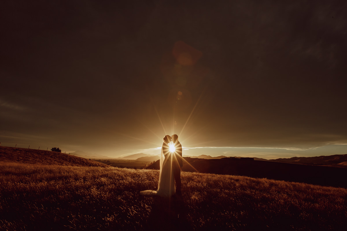 Sunset portraits bride and groom