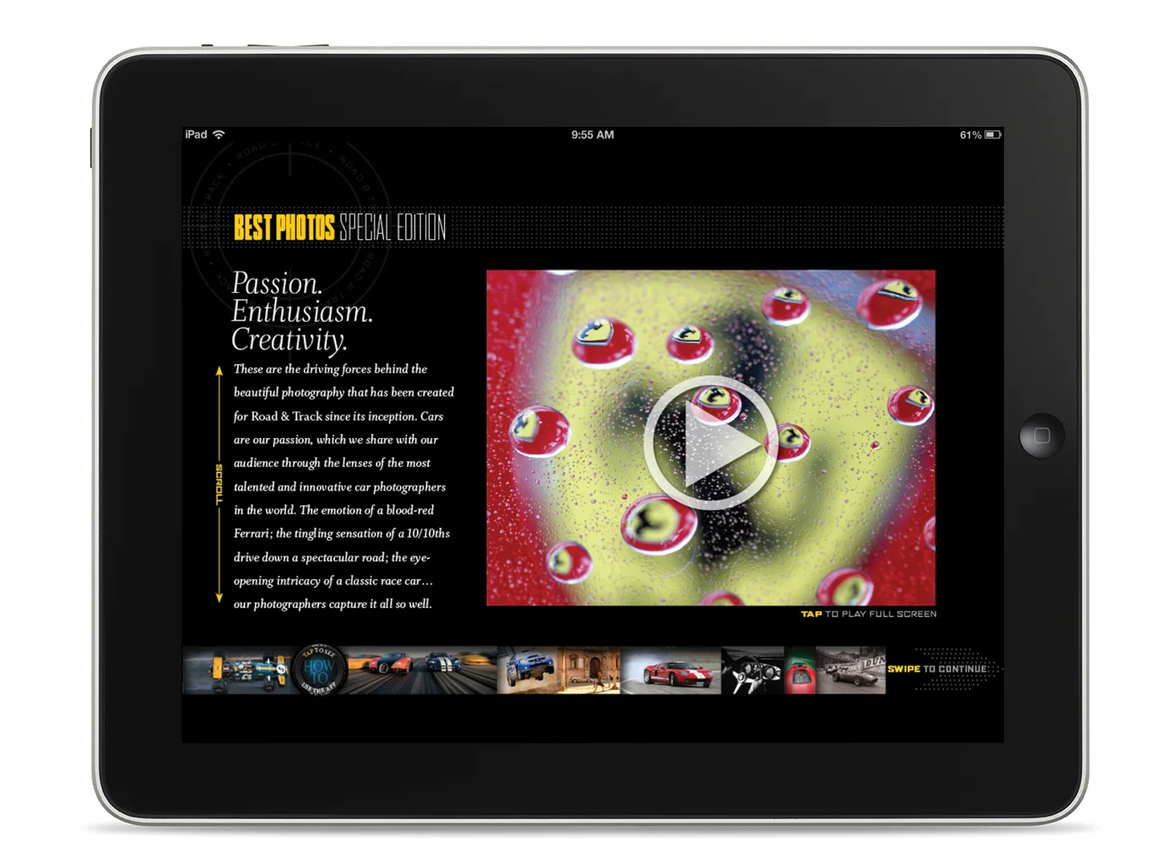 Intro screen. The video is an 'Eye Candy' production created from all of the images in the app.