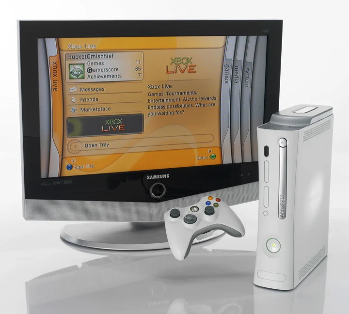 The Xbox 360 console, controller, and dashboard user interface at its launch in 2005.