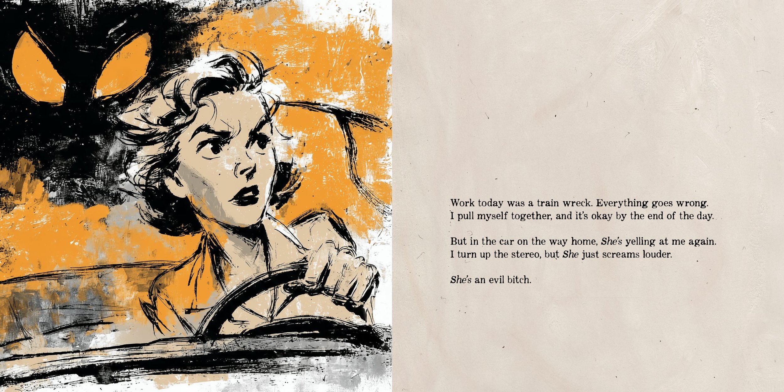 Young woman behind the wheel of a car with dark shadow lurking in the background