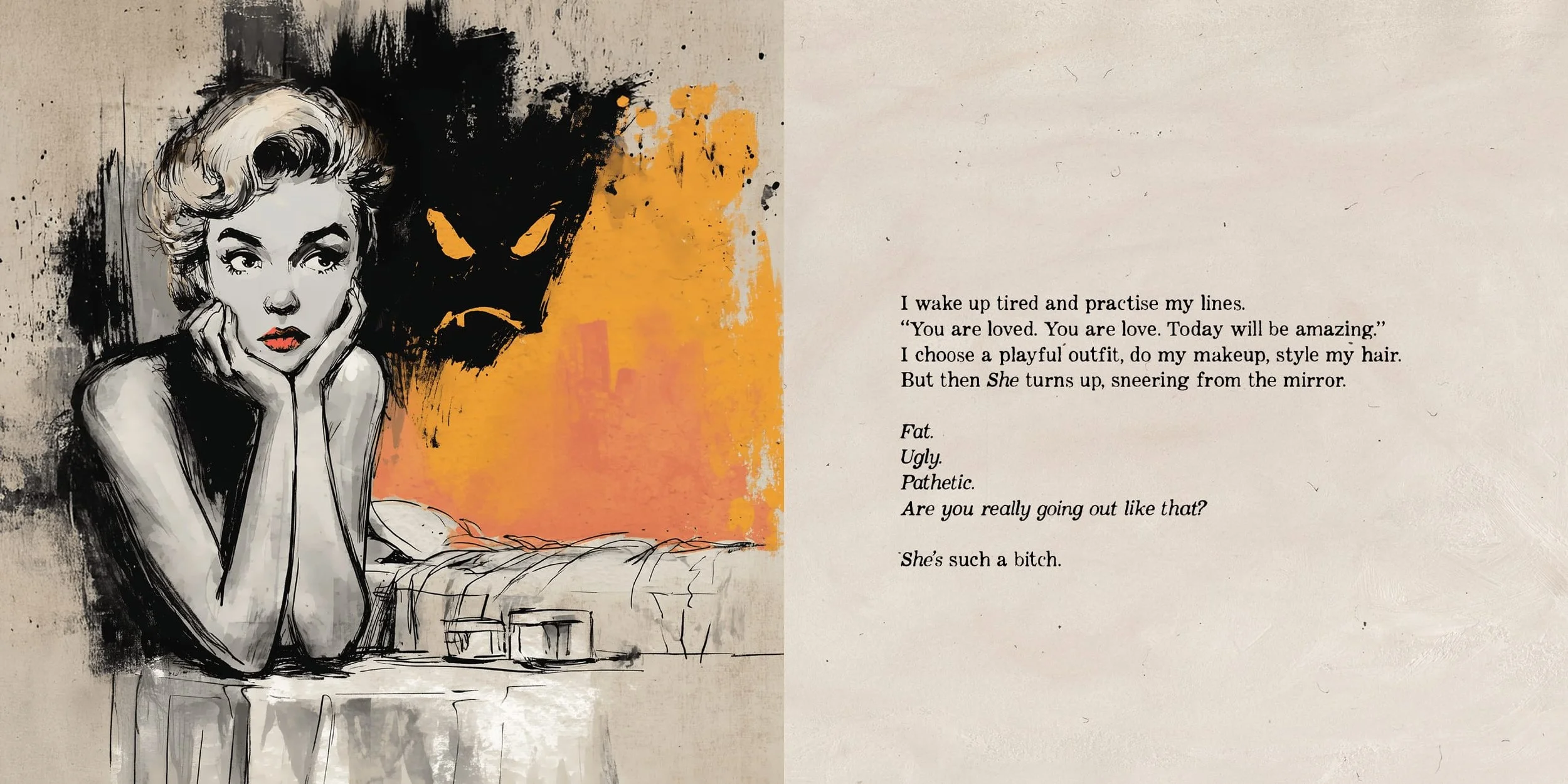 Young woman resting her chin in her hands with a menacing shadow over her shoulder