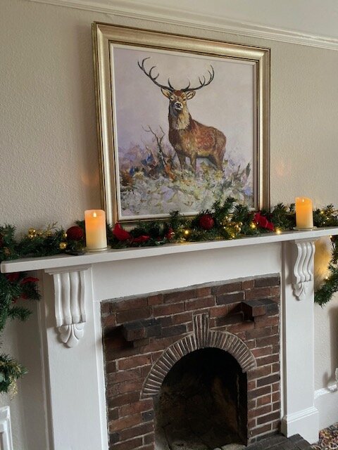 Dining room fireplace at Christmas