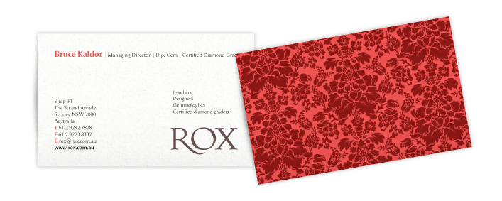 Stationery was printed on uncoated Superfine using a touch of metallic gold and a representation of the distinct flocked wallpaper featured in the studio.