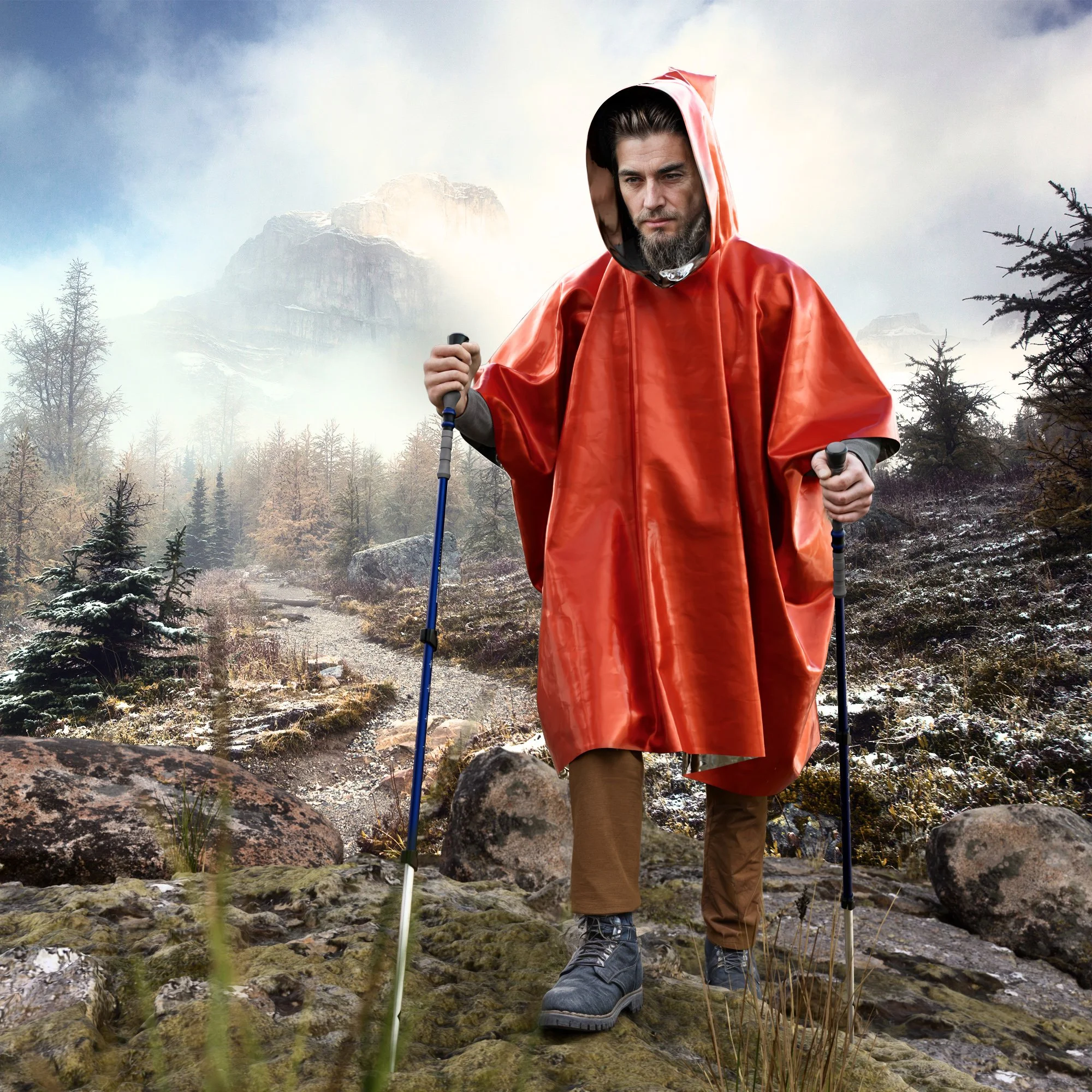 3D character and poncho simulation composited into a stock landscape image, with fully CG foreground elements to ground the subject in the scene. 