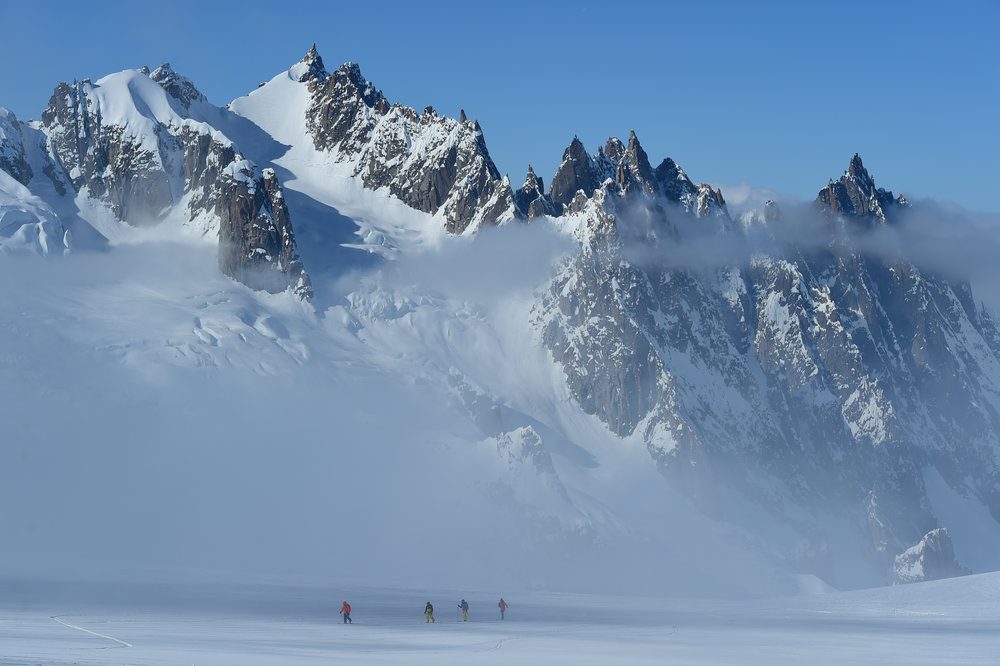  Ski touring back to the Skyway with Mont Blanc in the background.  Photo: Mattias Fredriksson 