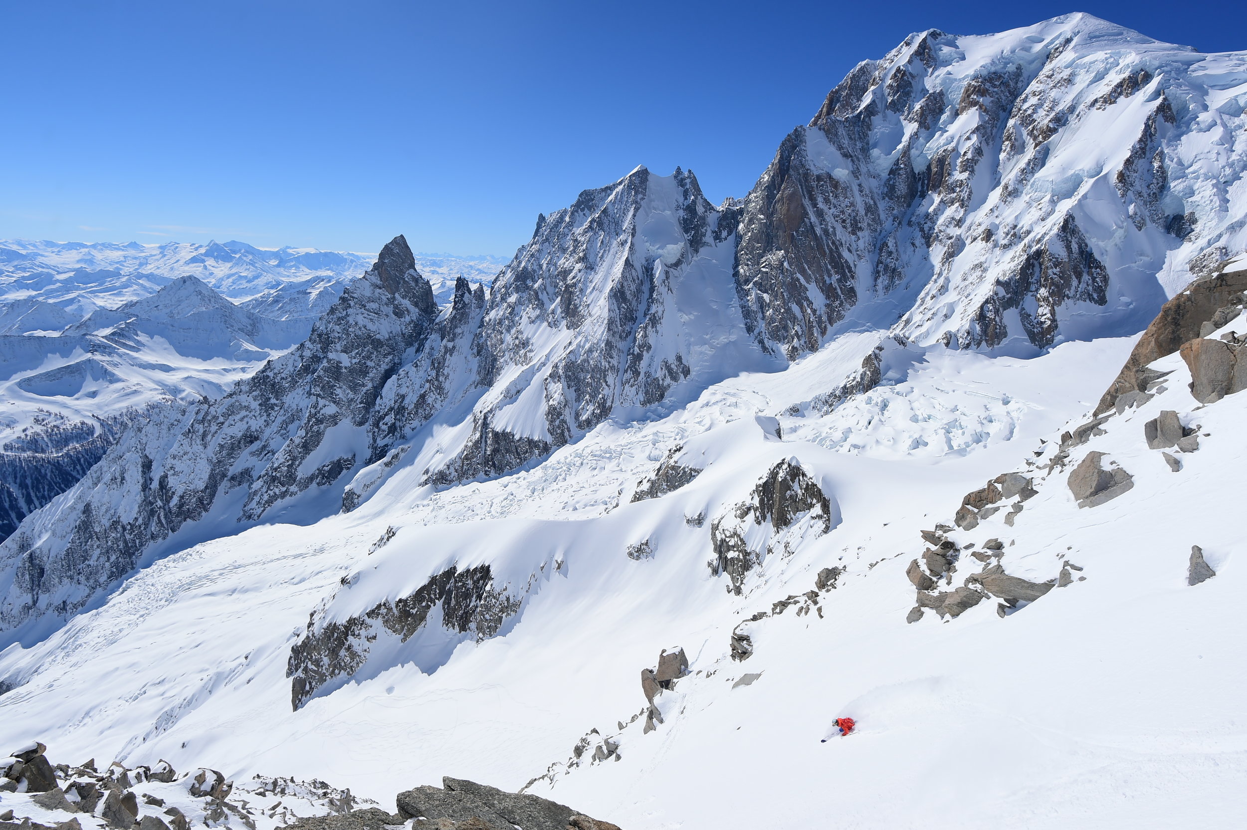  Josh Daiek skiing down to the Brenda Glacier underneath Mont Blanc.  Photo: Mattias Fredriksson 