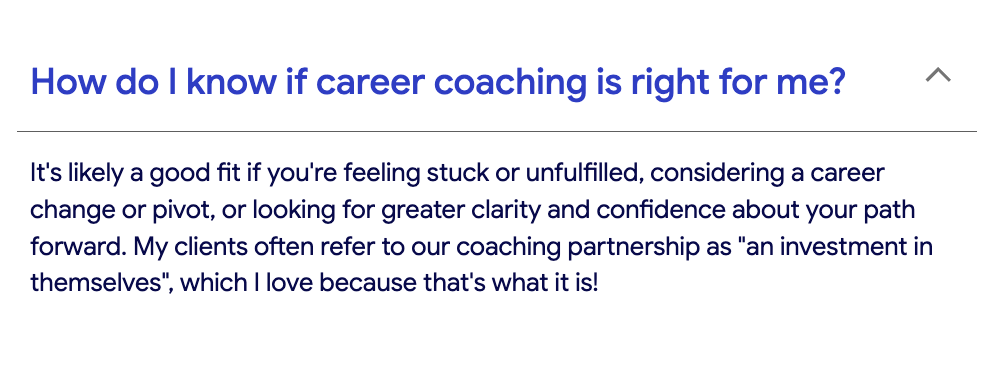 Sample FAQ from CareerClarity360 website 'How do I know if career coaching is right for me?