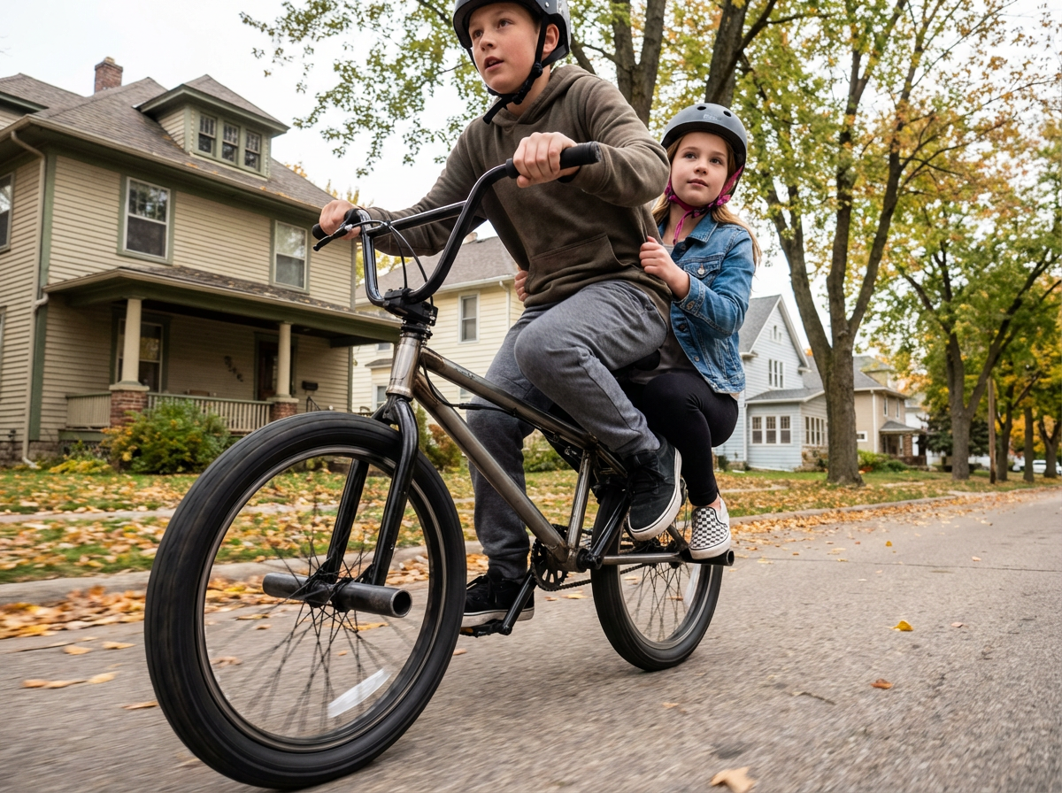 tween brother riding a bmx bicycle through a suburban side street with his sister on the back squatting on foot pegs holding her brothers waist