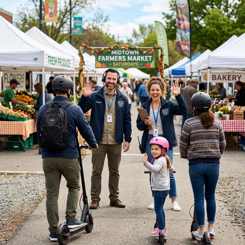Family entering farmers market on electric scooters