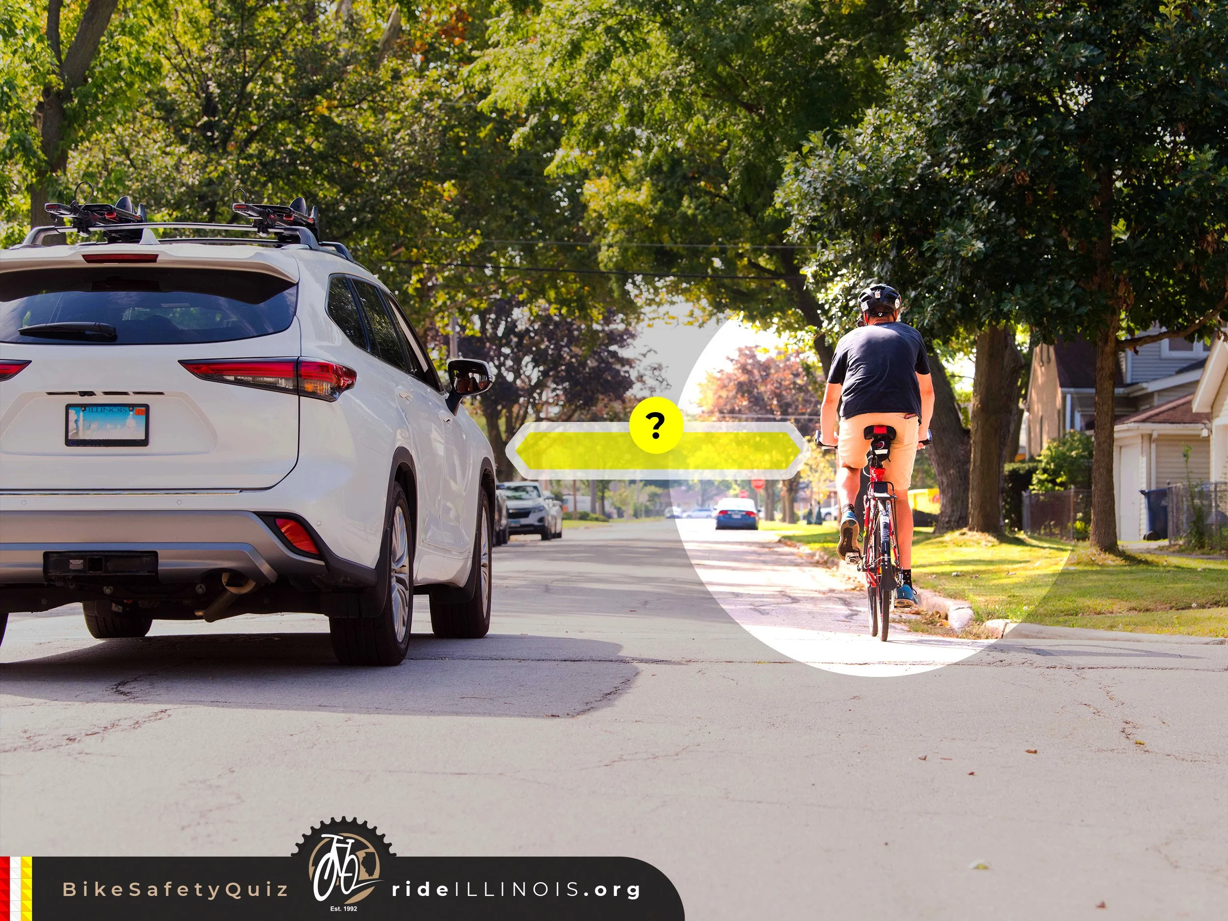 Image and graphic showing 3-foot proper distance between cyclist and motor vehicle- Ride Illinois Bike Safety Quiz image