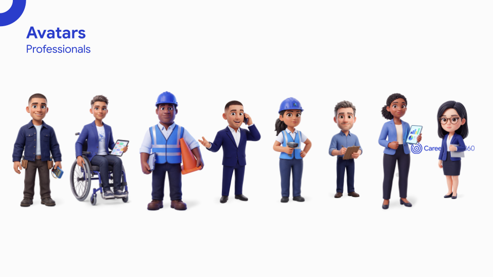 Slide of CareerClarity360 3D avatars representing eight professionals pursuing different careers