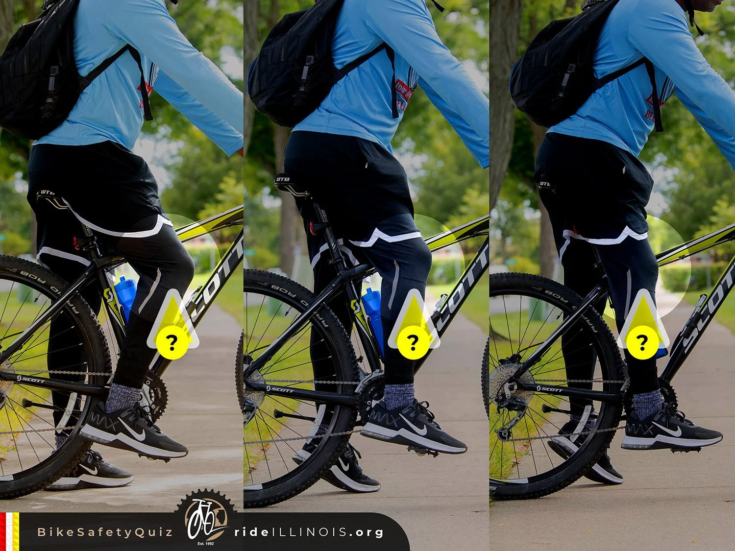 3 images left-to-right showing the wrong vs. right amount of knee extension based on seat height and proper position