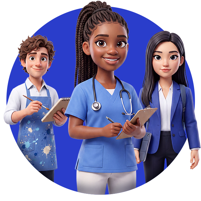 CreativeClarity360 3D avatar of an artist, nurse and business woman emerging from a brand blue circle