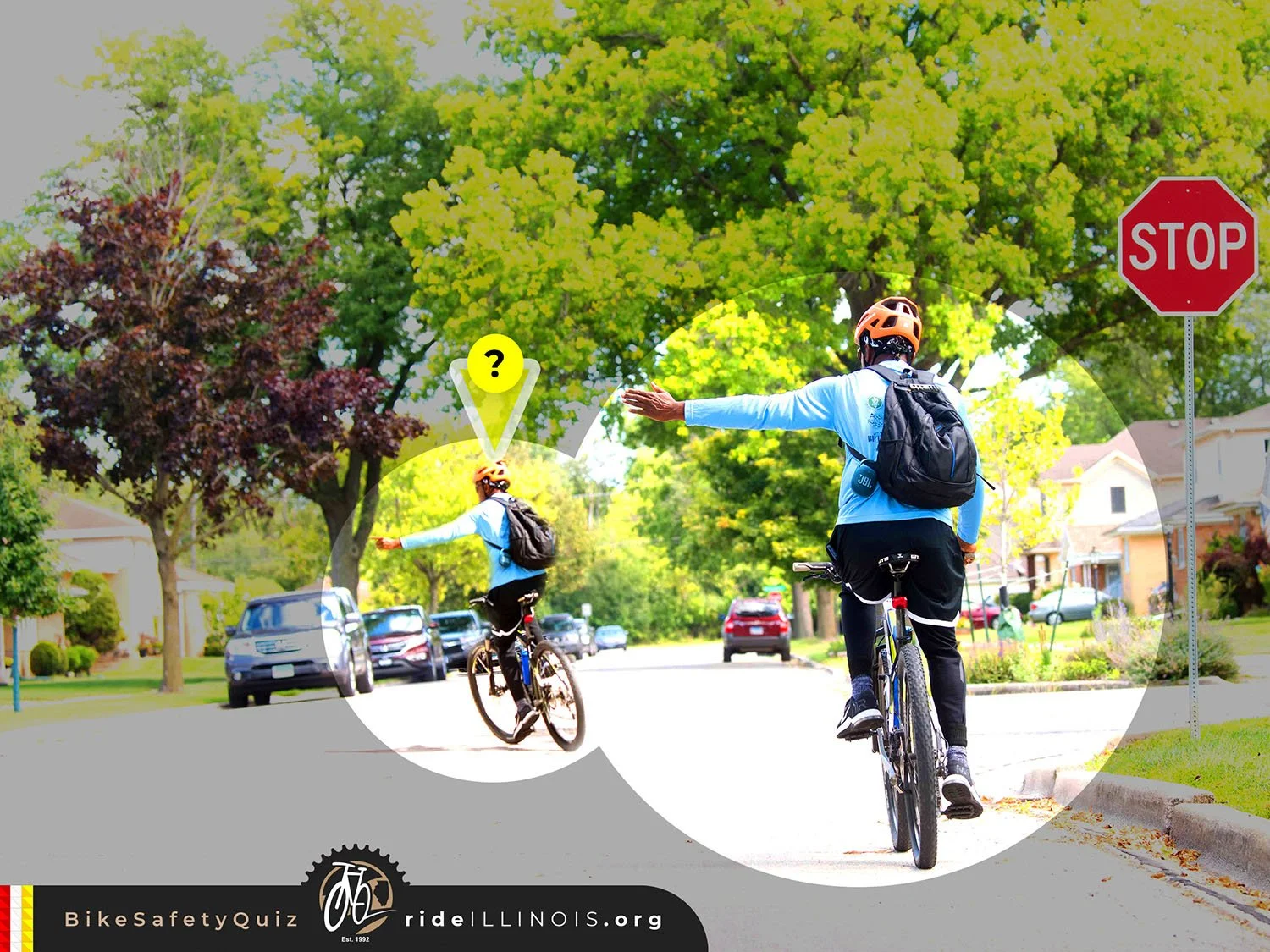 Cyclist signaling a left turn on a neighborhood street
