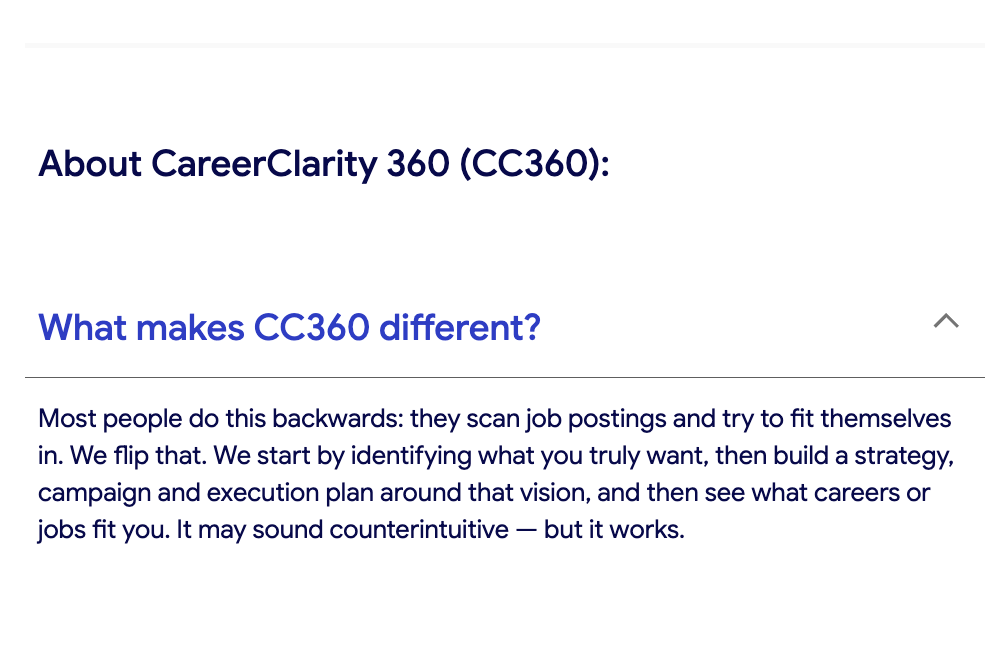 Sample FAQ from CareerClarity360 website 'What makes CC360 different?'