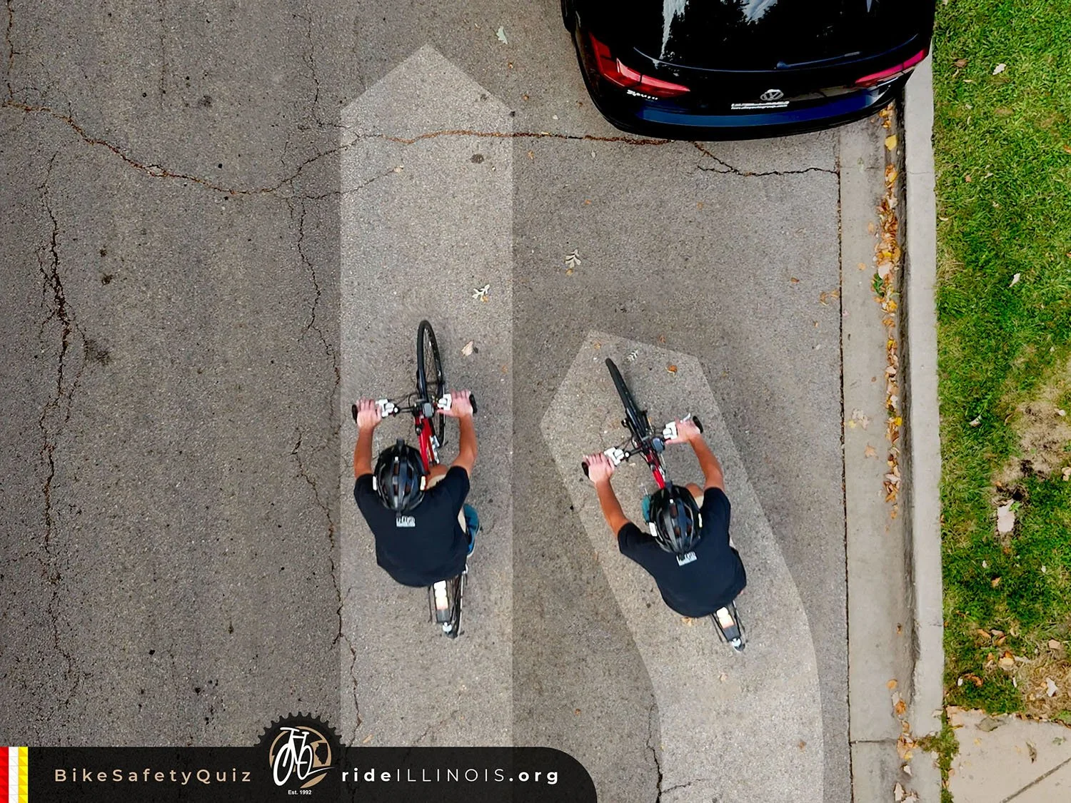 Two versions of a cyclist navigating past parked cars, top-down photo - Ride Illinois Bike Safety Quiz image