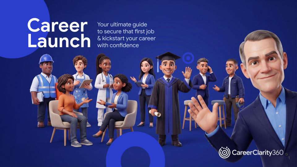 Slide-deck cover template featuring a group of networkers as CareerClarity360 3D avatars representing students and cross-disciplinary professionals. Jeff Wuenker and the grad student waving at the presentation audience