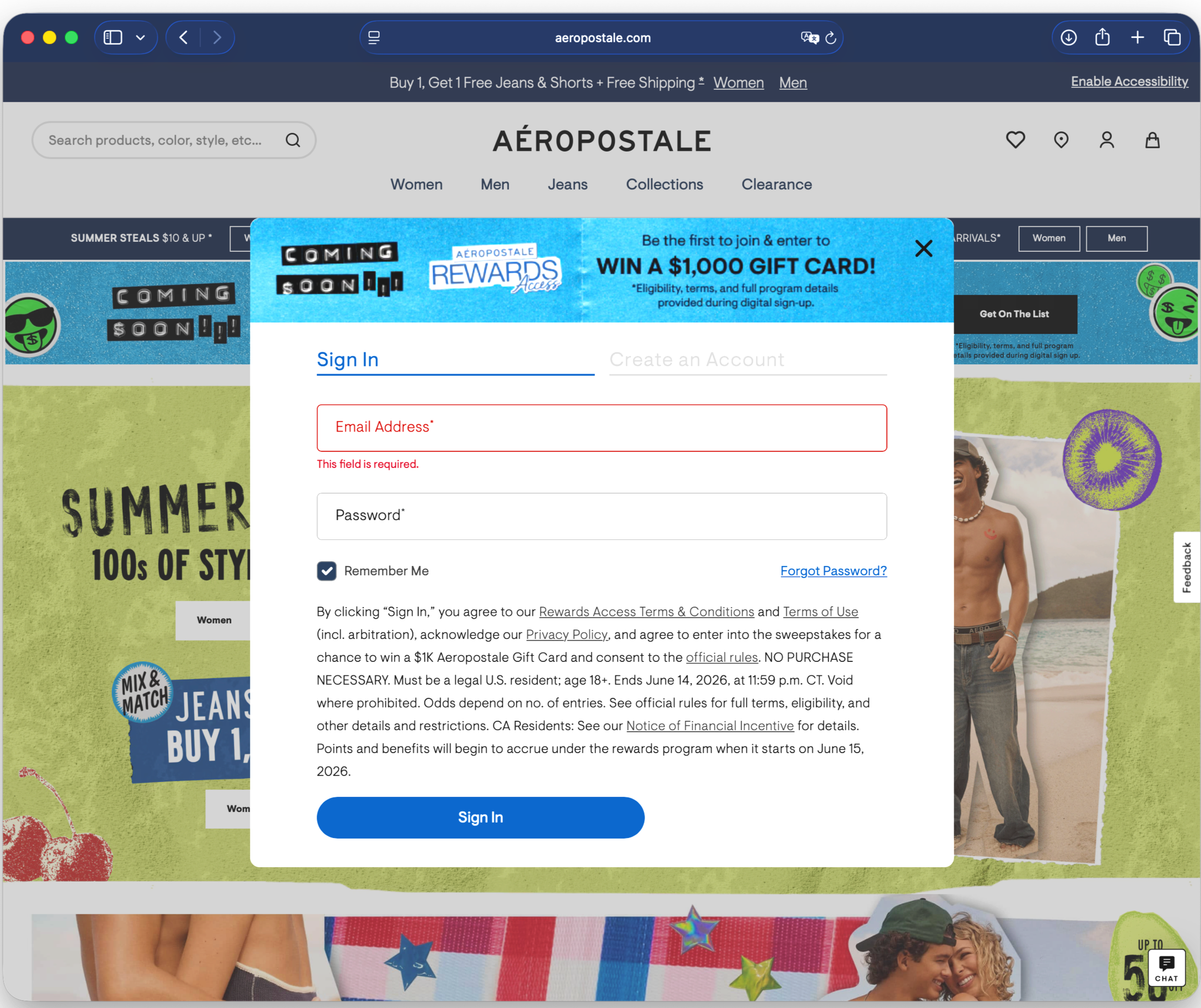 A webpage of Aeropostale featuring a pop-up banner advertising a chance to win a $1,000 gift card, with a sign-in form, and parts of models and summer-themed advertisements visible in the background.