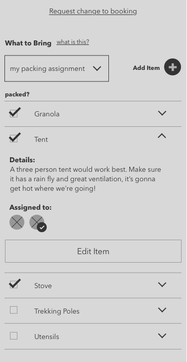 List of assigned food and gear.