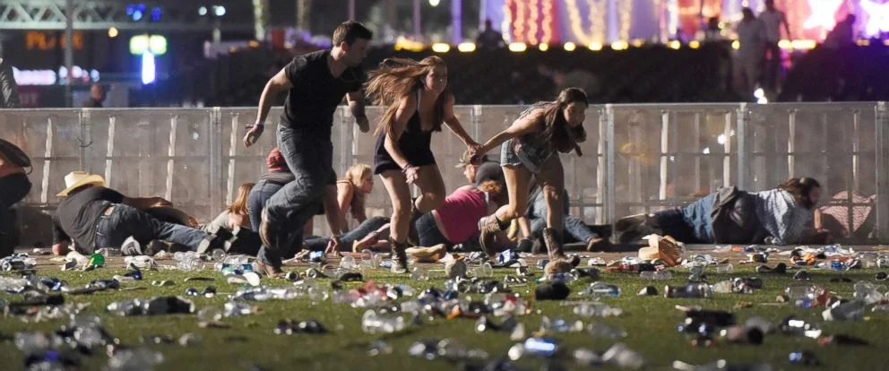 Concertgoers flee the site of an active shooting at a concert in Las Vegas on October 1, 2017. Image courtesy of ABC News . 59 people were killed and over 500 were injured. 