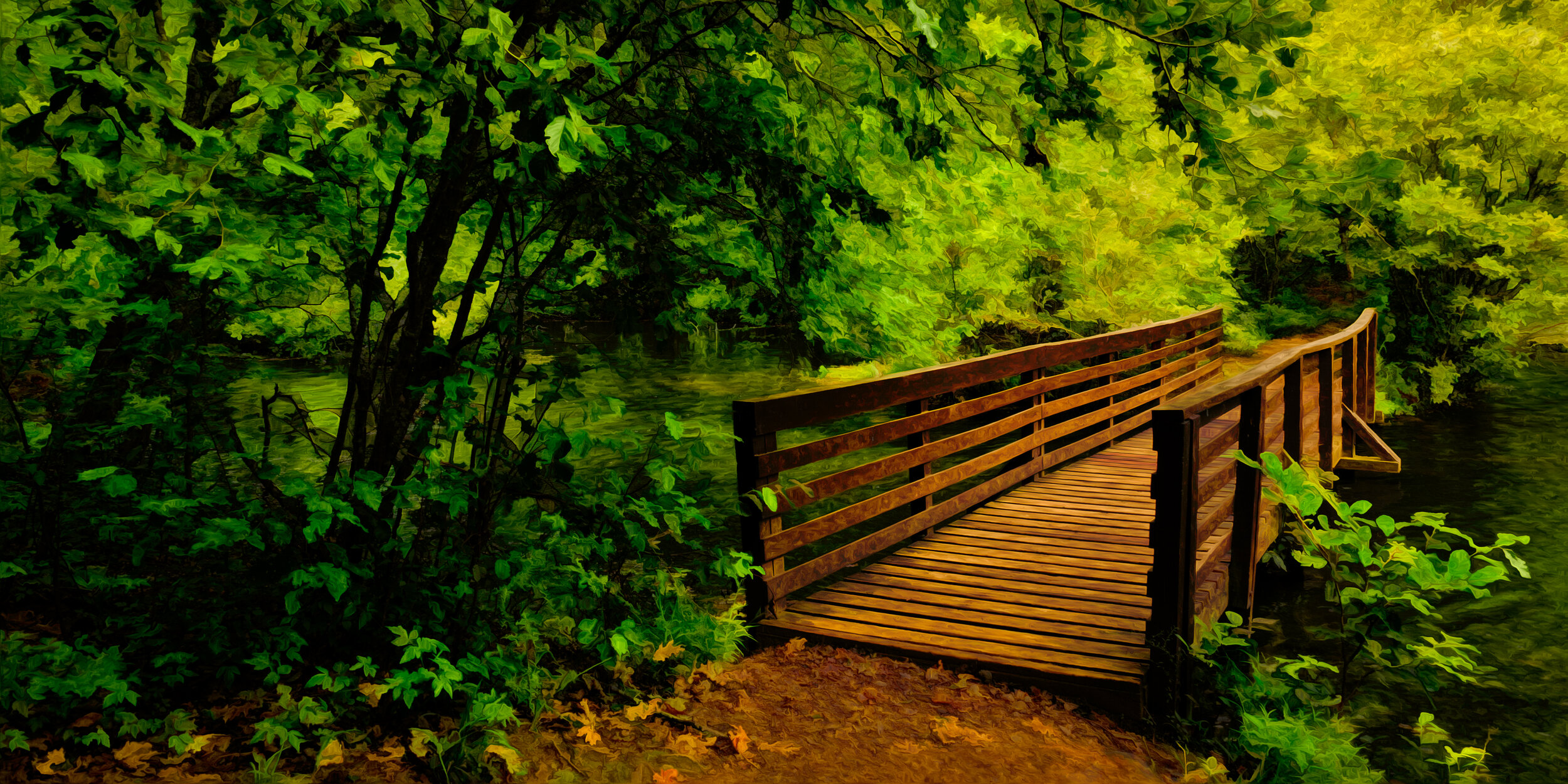 footbridge across back of Lake Placid with painterly effect 