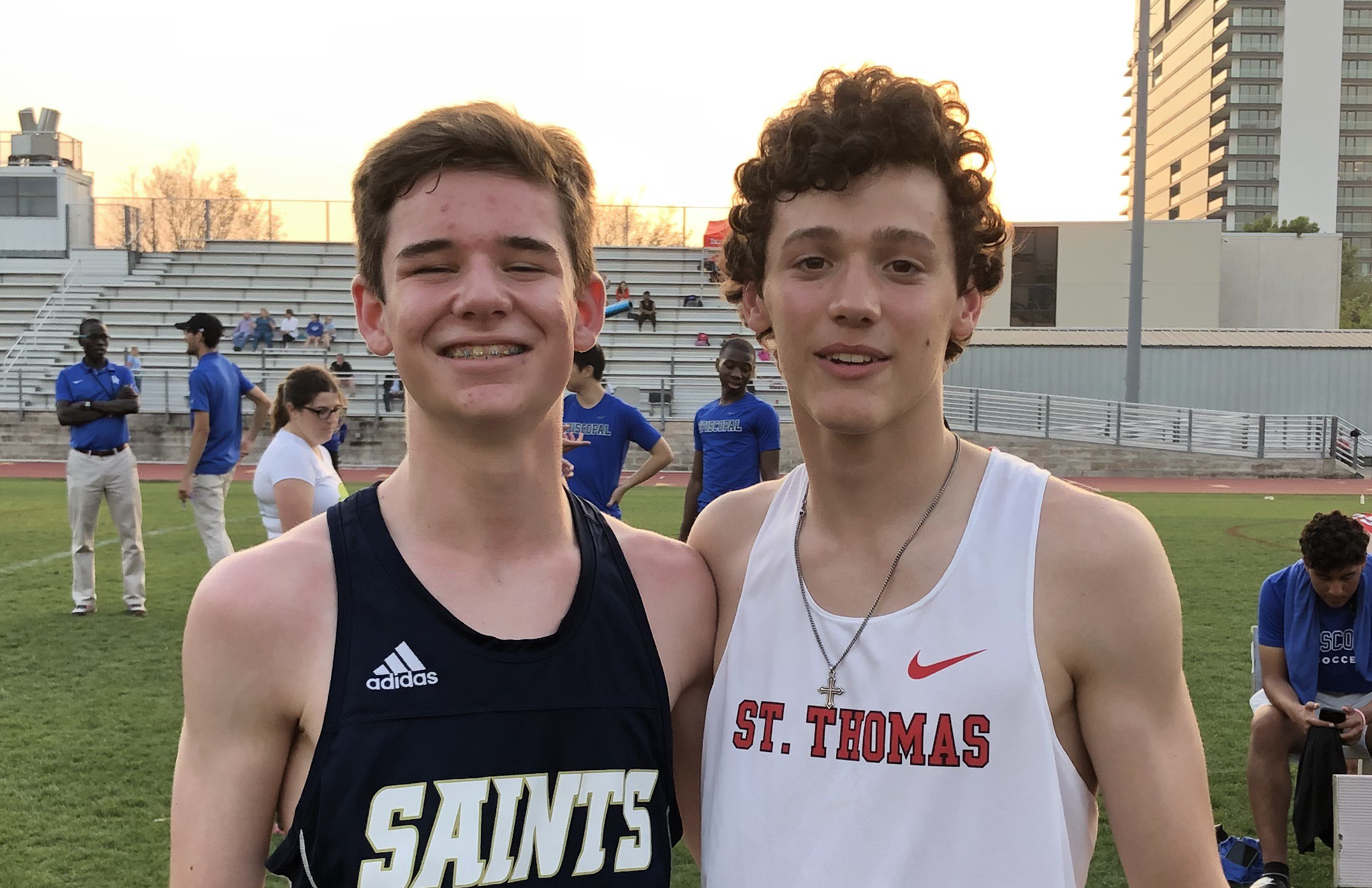 Aidan and Joe Rick Madden (2018) at JV Track Meet