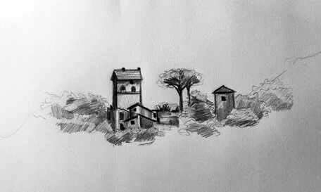 “Villa in the Distance” graphite on paper, 9”x12”, 2019 $225 (contact corichampagne@gmail.com for purchases)